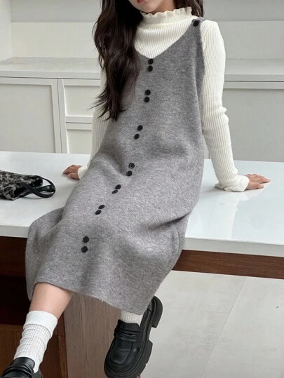 Dazy Kids Tween Girl Enfärgad Knappdesignad Figurnära Stickad Linneklänning, Höst/Vinter