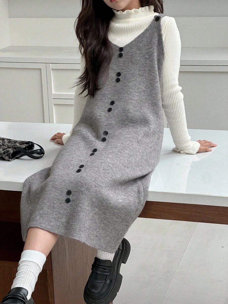 Dazy Kids Tween Girl Solid Color Button Design Fitted Knit Camisole Dress, Autumn/Winter - Black - View 1