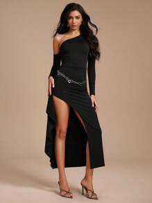 Glamine Asymmetrical Neck Ruched Split Thigh Dress Maxi Women Outfit Fall Cloth For Women - Black - View 4