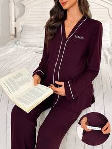 SHEIN Contrast Trim V-Neck Robe, Letter Embroidery Long Sleeve Top & Pants Maternity Lounge Set, Fall & Winter Clothes, Cozy Outfits