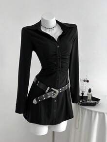 SHEIN Unity 1 件女式黑色纽扣、褶腰 A 字衬衫领休闲/通勤连衣裙，适合返校季 - 黑色 - 查看 4