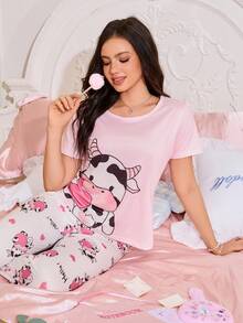 SHEIN 2 件套可爱奶牛印花针织短袖睡衣套装，舒适睡衣 - 彩色 - 查看 4