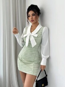 Elenzga Váy nữ 2 trong 1 họa tiết nơ chắp vá màu tương phản lãng mạn thanh lịch - Nhiều màu - Xem 5