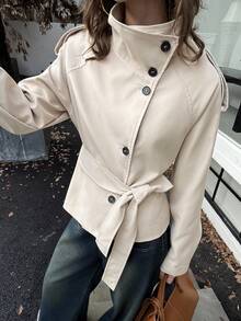 ATUI Studio Áo khoác trench coat cổ đứng màu trơn thường ngày dành cho nữ, Xuân/Thu - Màu be - Xem 6