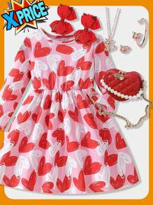 1pc Girls' Fashion Heart Print Round Neck Long Sleeve A-Line Elastic Waist Fitted Dress, Suitable For Valentine's Day Party, Spring/Autumn - Pink - View 1