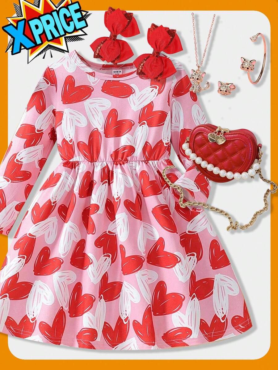 1pc Girls' Fashion Heart Print Round Neck Long Sleeve A-Line Elastic Waist Fitted Dress, Suitable For Valentine's Day Party, Spring/Autumn - Pink - View 1