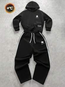 SHEIN 青少年男孩休闲街头标志刺绣舒适纯色连帽衫和运动裤套装，适合通勤、上学、日常休闲、度假、运动、派对、春夏季 - 黑色 - 查看 4