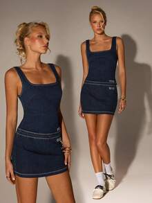 Avantive Women's Fashion Sleeveless Top And Denim Skirt Set,  Going Out