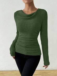 RosyDaze 复古不对称垂坠领口纹理褶饰修身长袖 T 恤橄榄绿罗纹上衣深绿色罗纹上衣绿色罗纹上衣女款绿色长袖上衣绿色围脖领上衣 - 軍綠色 - 查看 6