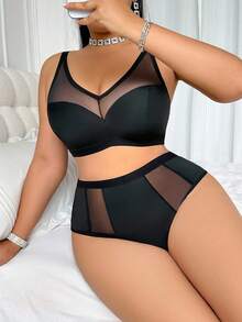 Snug Zone Plus Size 2PCS Minimalist Soft Wireless Full-Cup Lingerie Bra & Panty Set, Black, Lift - Black - View 4