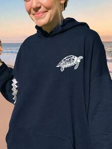 Calvaya Sudadera con cordón y estampado de tortuga de talla grande, ropa de otoño e invierno para mujer - Azul Marino - Ver 2