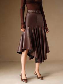 Anewsta Burgunderrote taillierte Lederrock mit ausgestelltem Saum für Damen, Herbst/Winter