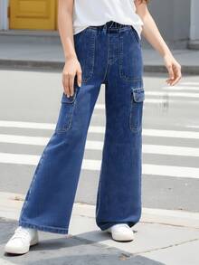 SHEIN Girls' Casual All-Match Loose Straight Leg Washed Denim Cargo Pants, Versatile & Comfortable Essential Item For 2025 Fall Winter Street Vintage Retro Washed 2000s Slant Pocket Raw Trim Denim Baggy - Dark Wash - View 5