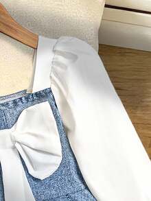 Young Girl Bow Decor Patchwork Denim Effect Long Sleeve Cute Dress - Multicolor - View 4