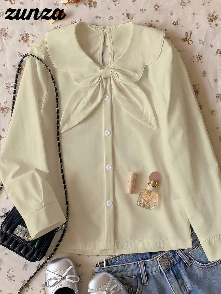 青少年女孩休闲优雅度假白色长袖蝴蝶结领衬衫,开学季秋冬款 - 杏色 - 查看 1