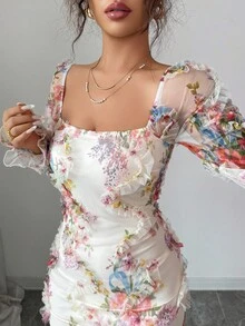 Elenzga 女士优雅浪漫网眼花卉印花荷叶边领收腰长袖中长连衣裙，适合婚礼、派对、约会、休闲外出等 - 彩色 - 查看 7