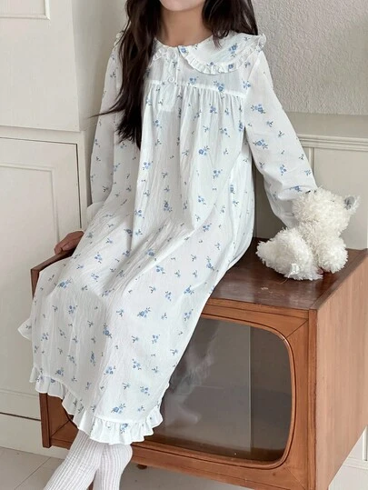 DAZY Vestido de manga larga con cuello de volantes y estampado, ropa de estar en casa informal para niñas preadolescentes