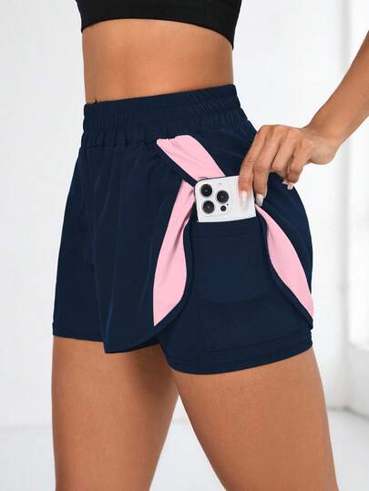 Easithlete Damshorts med kontrastfärgade lappmönster, 2 i 1