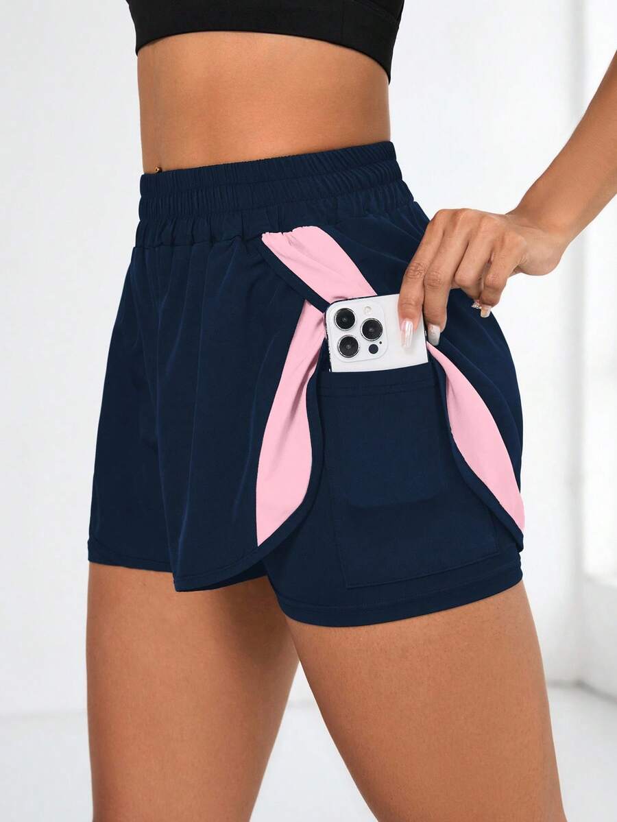 Easithlete Women Sports Shorts With Pocket Multicolor Plain Design For Fitness And Running Contrast Color Patchwork 2 In 1 Sports Shorts - Multicolor - View 1