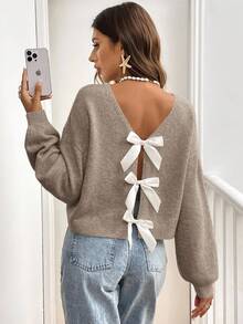 Serisse Casual Bow Decor Lantern Sleeve Sweater, Autumn/Winter,Cozy Fall And Winter Clothes For Women,Fall,Fall Clothes For Women Brown Spring - Khaki - View 3