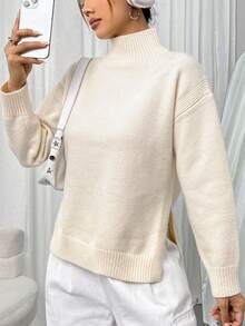 SHEIN LUNE Women's Solid Color High Neck Drop Shoulder Long Sleeve Side Slit Hem Casual Sweater, Autumn - Beige - View 3