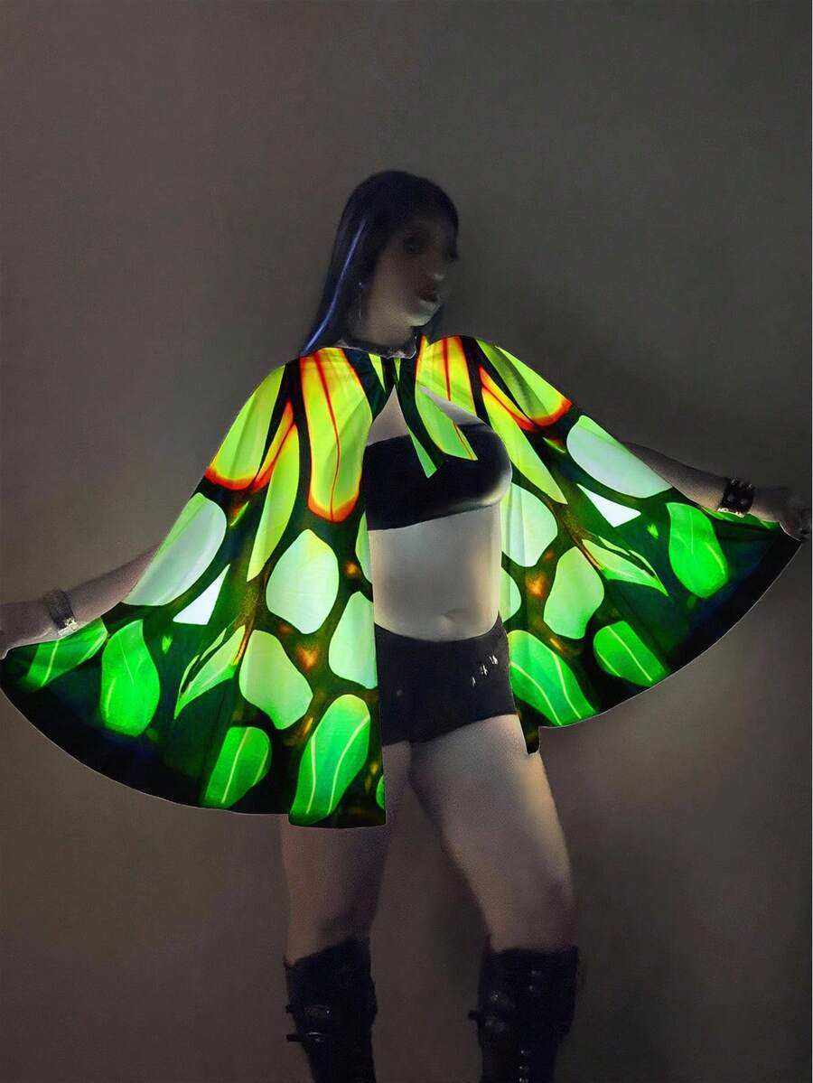 Whyspr Chaqueta capa romántica con estampado de mariposa fluorescente personalizada para mujer de talla grande