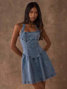 SHEIN BAE 女士时尚露背挂脖牛仔连衣裙，夏季 - 淺色水洗藍 - 查看 5