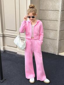 SHEIN 青少年女孩休闲时尚复古学院风针织短款连帽拉链运动衫夹克带口袋和宽松阔腿裤套装，粉色，适合周末休闲出游、返校 - 玫紅色 - 查看 3