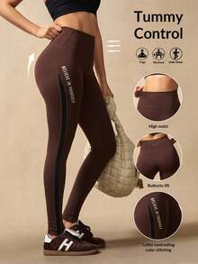 VARSIVA Women's Casual Sports Letter Print High Waist Leggings Brown Compression Leggings - Multicolor - View 11