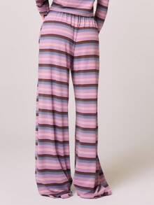 MUSERA Quần ống rộng cạp chun thêu họa tiết kẻ sọc mềm mại, thoải mái, dễ thương, thích hợp cho kỳ nghỉ hè, du lịch, sân bay, thanh lịch, thường ngày, chỉ bao gồm quần, trang phục công sở cho nữ, trang phục công sở mùa thu, lễ Phục sinh. - Màu tím hoa cà - Xem 4
