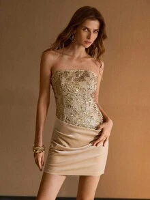 MOTF PREMIUM VESTIDO MINI PARA MUJER DE TERCIOPELO CON PARCHES BORDADOS DE LENTEJUELAS DESCONSTRUCTURADO - Dorado - Ver 4