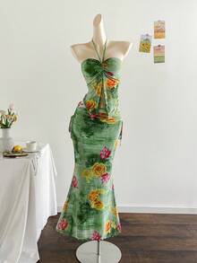 Soleia Bộ 2 món áo lưới in họa tiết không tay không dây và chân váy xếp ly thanh lịch cho kỳ nghỉ xuân/hè - Nhiều màu - Xem 3