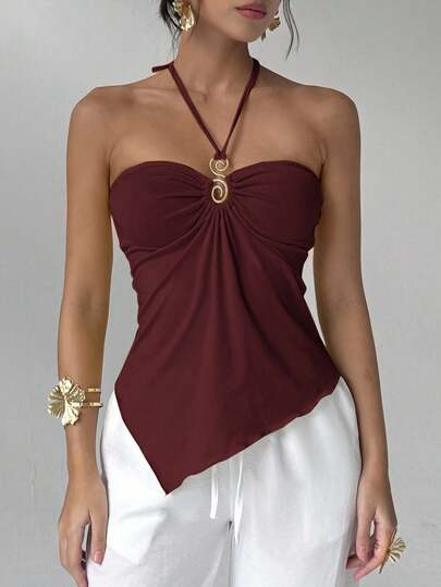 Aloruh Sexy Solid Color Asymmetric Hem Backless Halter Neck Top, Summer,Red Top Vacation Vacation Outfits Women Holiday Outfits For Women  Summer Holiday Outfits Vacation  Vacation Outfits For Women      Summer Vacation Outfits  Beach Vacation Outfits For Women Summer Top