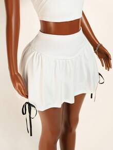 Zolique مجموعة قميص بدون أكمام بزخرفة القوس للنساء وتنورة قصيرة للغاية للصيف، 2 قطعة - أبيض - مشاهدة 5