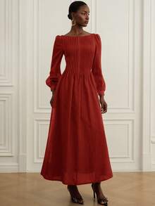 Aveloria Rosie New Romantic Vintage Tea Party Dress, Oversized Loose Flattering Design, Elegant Off Shoulder Ruched Sheer Linen-Like Fabric, Puff Sleeves, Solid Color - Burgundy - View 3