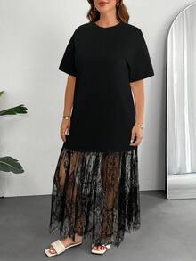 SHEIN Essnce 女士大码长裙，二合一连衣裙，蕾丝拼接连衣裙，透视女装，白色连衣裙，夏季连衣裙，毕业礼服，生日礼服，节日连衣裙，白色连衣裙，优雅高贵 - 黑色 - 查看 5