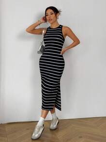 SHEIN EZwear 夏季休闲假期黑白条纹侧开衩紧身连衣裙 - 黑色 - 查看 3