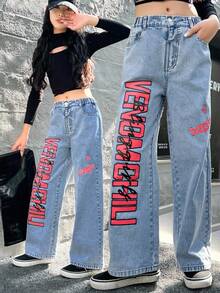 Tween Girls' Wide Leg Jeans, Street-Style Cool & Fashionable Casual College Look, Light Blue Washed Denim With Red + Black English Graphic Print For Edgy Vibe, Relaxed Fit Hides Flaws, Elastic Waistband For Comfort, Suitable For Daily Outings, Dates, Leisure Activities, Back To School Season, Vacations, A Versatile Fashion Piece For Year-Round Wear - Light Wash - View 3