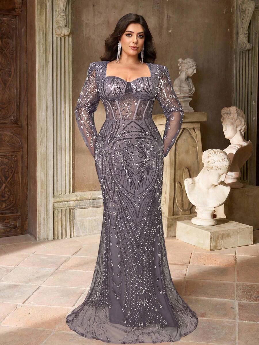 Aureia Elegantes Luxus-Abendkleid in Große Größen mit tiefem Ausschnitt, transparenten Ärmeln, Taille mit Perlen und Pailletten und Meerjungfrauensaum, geeignet für Hochzeitsgäste, Partys, formelle Anlässe, Bankette - Grauviolett - Übersicht 1