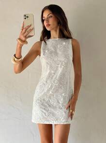 Aloruh Women's Sexy Backless Embroidered Chiffon Mini Dress, Sleeveless A-Line Bodycon Clubwear, Suitable For Spring/Summer Vacation - Beige - View 6