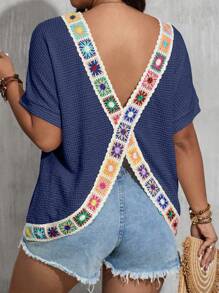 SHEIN LUNE 加大码纯色拼布钩针装饰圆领后开衩短袖T恤图案T恤女式上衣