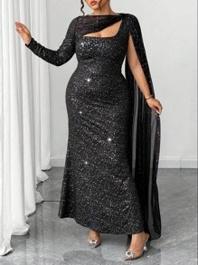 Elenzga Plus Size Women's Bodycon One Shoulder Cape Maxi Dress,Elegant Black Glitter Sequin Formal Evening Party Dress,Autumn Formal Gown - Black - View 7