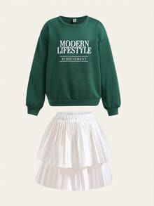 SHEIN 2pcs/Set Girls Sweatshirt & Pleated Skirt Suit, Retro American Style Sweatshirt & Cake Skirt Set, Back To School Outfit, Tween Girl Collegiate Sportswear Fall Winter - Green - View 5