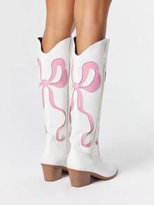 ROMWE Kawaii Women's Cutout Bow Embroidered White Western Boots, Spring/Autumn New Leather Over-The-Knee Boots For Christmas Y2K 2000s Style - White - View 5