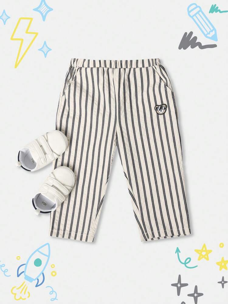 Linen Feel Striped Pull On Pants With Elastic Waist