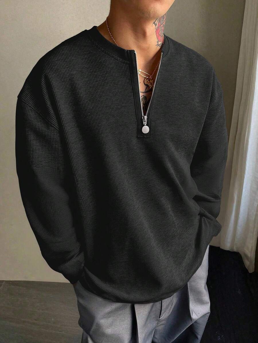 DAZY Áo thun nam cổ bẻ 1/3 màu trơn, vải họa tiết, mùa thu - màu đen - Xem 1