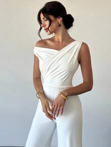 Firerie Women's Elegant Minimalist Chic Fashion Sexy Daily Commute Music Festival Vacation Asymmetric Neck Draped White Straight Jumpsuit, Spring/Summer - White - View 2