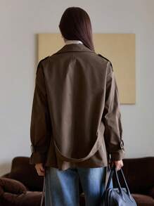 DAZY Women's Lapel Short Sleeve Belted Loose Casual Trench Coat Jacket Fall/Winter - Brown - View 3