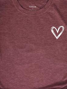 INAWLY Tricou damă cu mânecă scurtă și imprimeu cu inimă, guler rotund, stil casual, stil obișnuit - Lemn rosu - Vizualizare 3