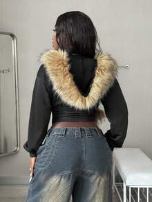 Coolane 女士秋冬街头风 Y2K 酷女孩外出长袖毛绒紧身拉链黑色连帽衫 - 黑色 - 查看 4